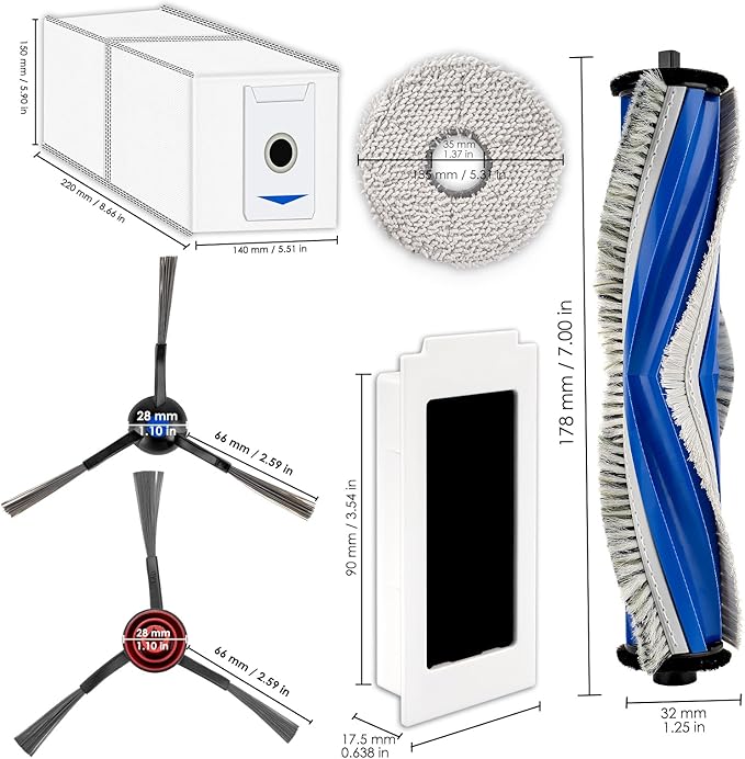 (20 Pack) M12 Pro+ Replacement Parts Compatible with ECOVACS DEEBOT T30 Omni/ T30 Pro Omni/Yeedi M12 Pro+ Robot Vacuum, 1 Roller Brush, 4 Side Brushes, 3 HEPA Filters, 6 Dust Bags, 6 Mop Pads