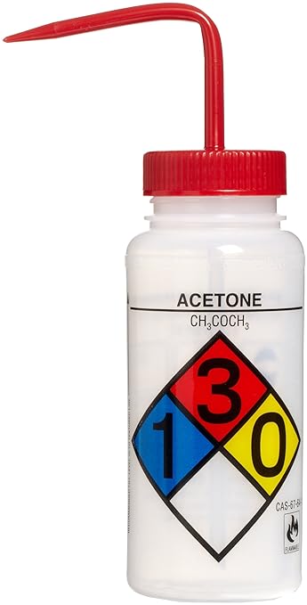 SP Bel-Art Safety-Labeled 4-Color Acetone Wide-Mouth Wash Bottles; 500ml (16oz), Polyethylene w/Red Polypropylene Cap (F11716-0001), Natural (Pack of 4)