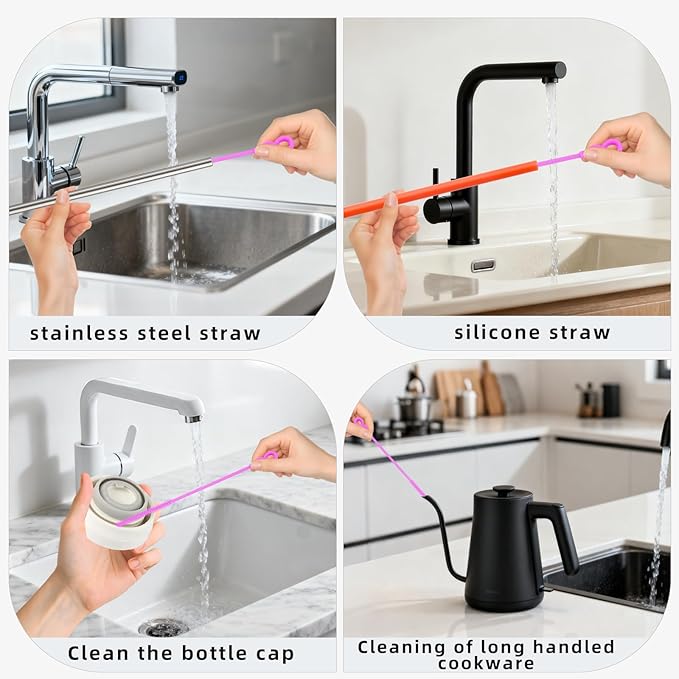 TenderBloom Silicone Straw Cleaner Brush, 4-Piece Reusable Straw Brush Set with Extra-Long Design for Cleaning Thin Metal Straws and Wider Milkshake Straws (6mm+9mm Purple)
