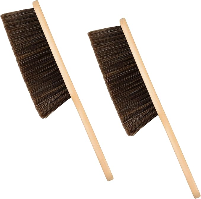 2 Pieces Woooden Dust Brush Hand Broom Bench Brush with Long Wood Handle Whisk Broom Soft Bristle Brush for Counter Bed Sofa Car Fireplace Clothes Household Cleaning (Beige)