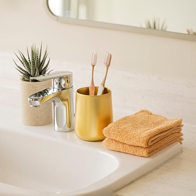 Yew Design Gold Toothbrush and Toothpaste Holder and Cup for Bathroom Vanity and Countertop, Round Organizer for Electric Toothbrushes, Floss, Razors, Cotton, and Mouthwash