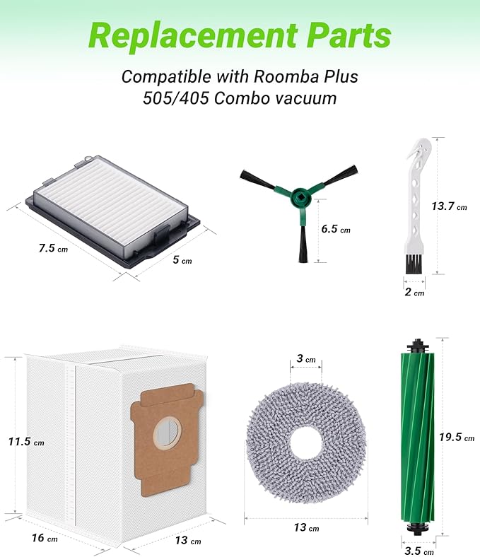 Mbetter 18 Pcs Replacement Parts for iRobot Roomba Plus 505/405 Combo Robot Vacuum Cleaner, Accessories with 1 Roller Brush, 6 Mop Pads, 3 Filters, 3 Side Brush,4 Vacuum Bags,1 Clean Tool