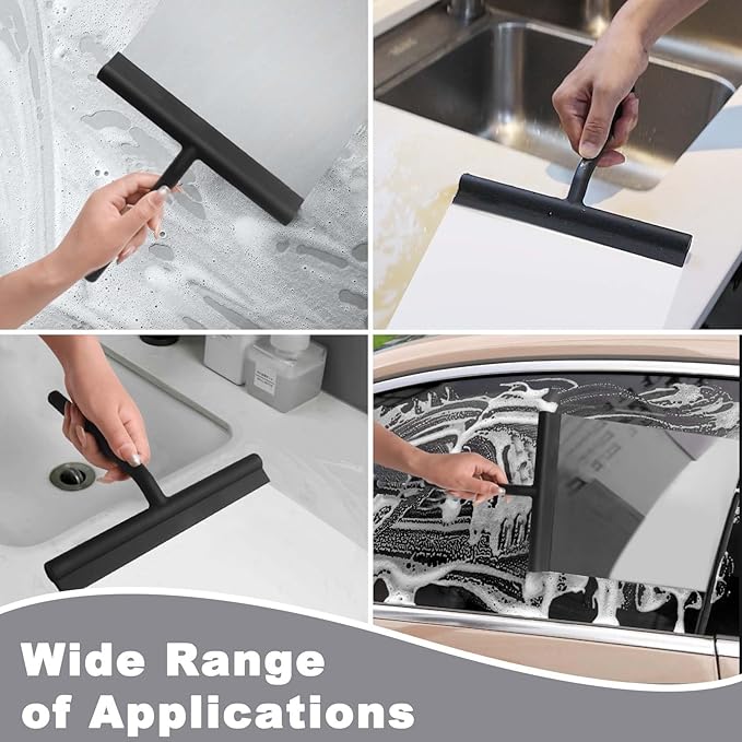 DEOFUXT Squeegee for Shower Glass Doors, Resilient Loop - No-Drill & Adhesive Hook, Silicone Shower Squeegee with Stainless Steel Core, Cleaning Tool for Home, Kitchen, Bathroom & Car - White