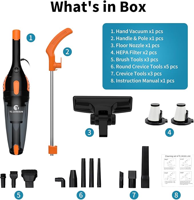 TC-JUNESUN Corded Vacuum Cleaner, 12 in 1 Ultra-Lightweight Vacuum Cleaners for Home 15KPa Powerful Suction Stick Vacuum with Washable HEPA Filter for Home, Car, Pet Hair, Carpet, Hard Floor