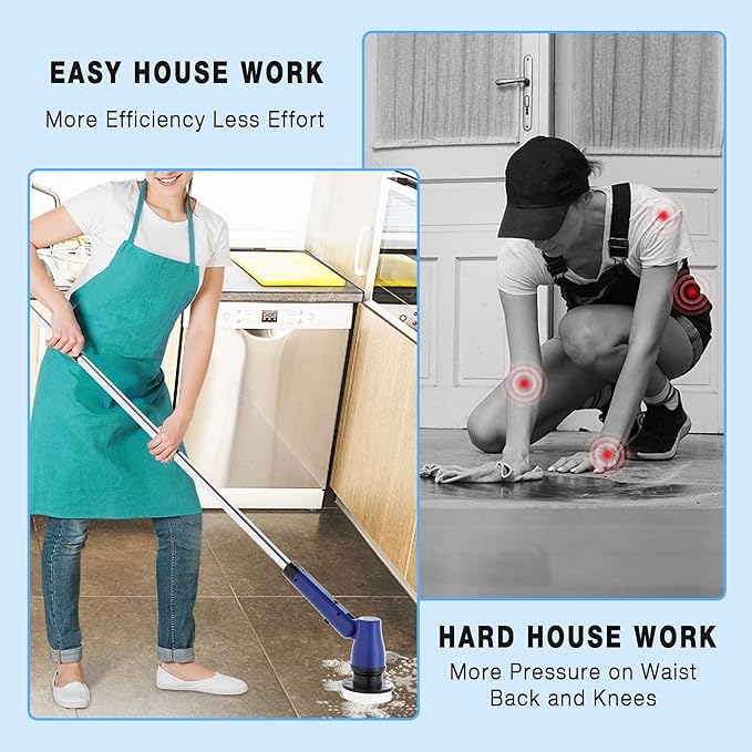 Electric Spin Scrubber Cordless Bathroom Scrubber with Adjustable Long Handle, 2 Speeds Power Cleaning Brush with 7 Replaceable Brush Heads for Bathtub, Tile, Floor (Blue)
