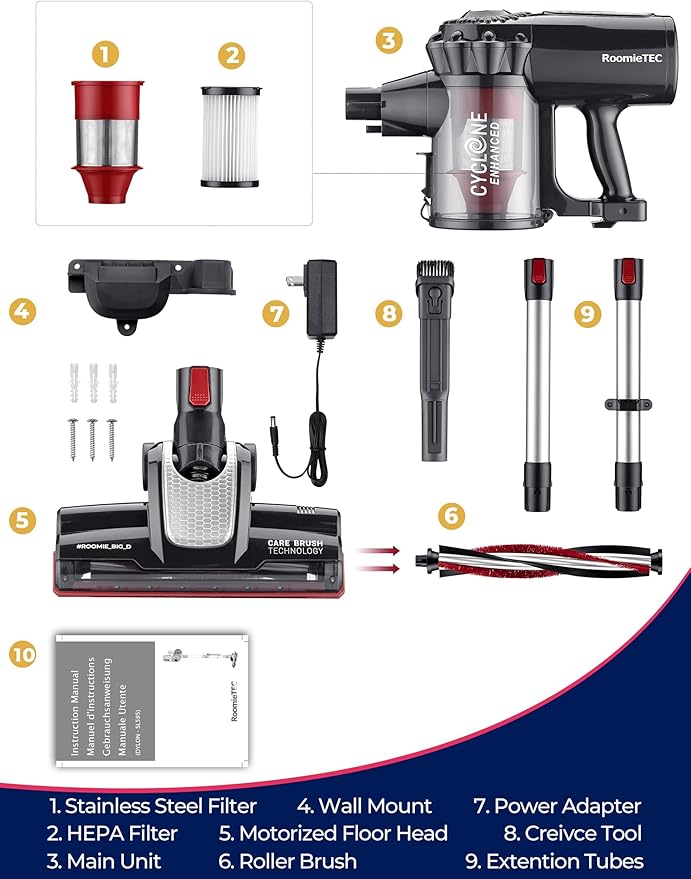 Roomie Tec StickVac Cordless Vacuum Cleaner for Home โ 2200mAh Battery, High Suction Power, Lightweight & Self-Standing Design, with HEPA Filter and LED Lights - for Floors, Cars & Dorm Cleaning