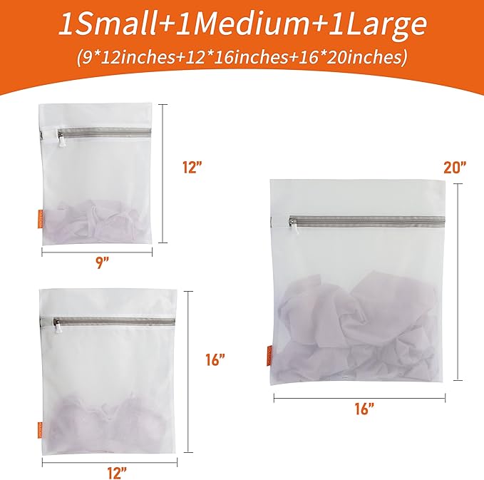 Polecasa 3Pcs Extra Durable Fine Mesh Laundry Bags with Sturdy Zipper for Delicates, Protect Clothes in Washing Machine, Laundry Room Essentials for College, Dorm (1 Large, 1 Medium, 1 Small)