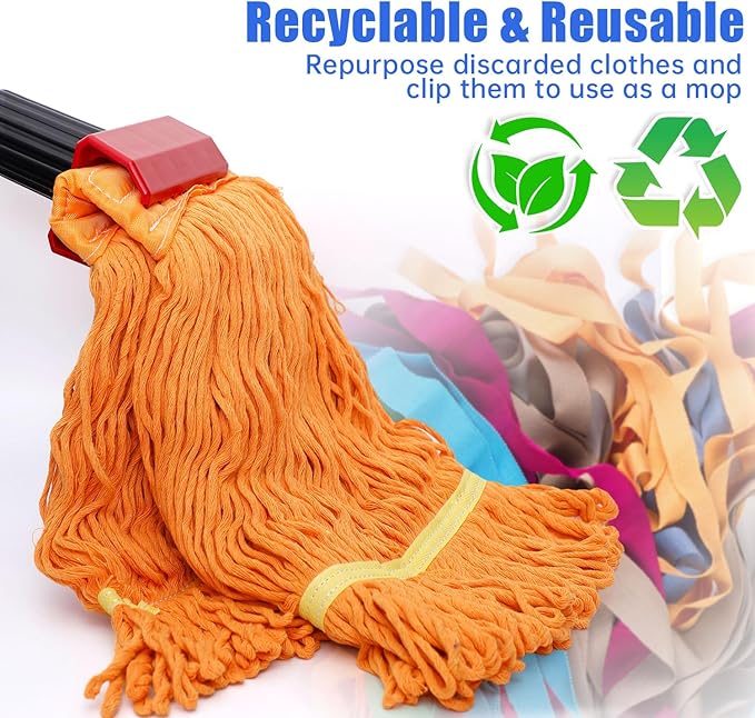 Heavy Duty Commercial Mop with 77inch Long Handle, Looped-End String Wet Mop with 12 Mop Heads for Home, Garage, Office Floor Cleaning (Blue-Orange)