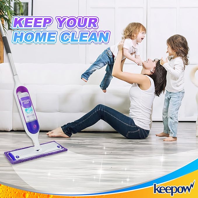 KEEPOW Reusable Mop Pads Compatible with Swiffer Power Mop Microfiber Mop Refills Replacement Wood Floor Pads Washable for All Floor Surfaces Cleaning, 4 Pack