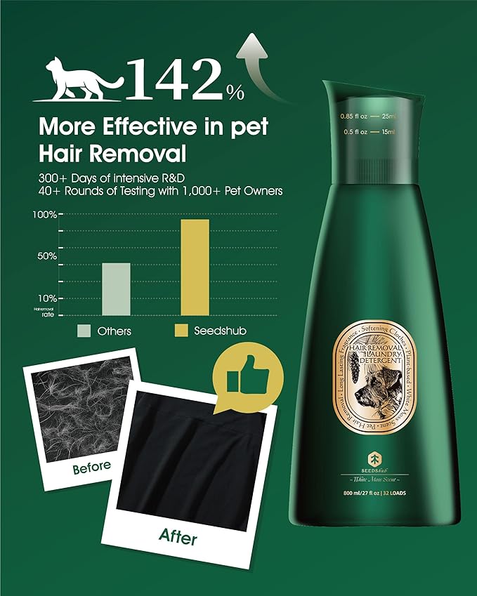 Seedshub Pet Hair Remover for Laundry, 6-in-1 Dog Laundry Detergent Concentrate (Non-Dissolving), Repels Up to 90% Fur, Odor & Stain Remover, Cedar Scent, 27 fl oz, 32 Loads