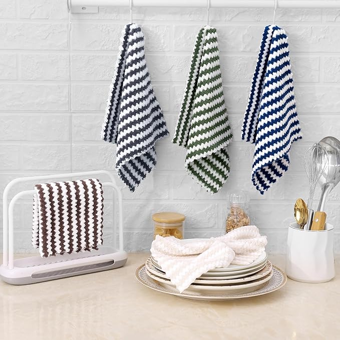 Homaxy 12 Pack Kitchen Dish Cloths, Ultra Soft and Absorbent Dish Towels, Reusable Fast Drying Microfiber Cleaning Cloth, Coral Velvet Wave Design No-lint, 10 x 10 inches, Grass Green
