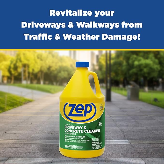 Zep Driveway, Masonry and Concrete Cleaner and Degreaser Concentrate - 1 Gallon (Case of 4) ZUCON128 - Construction Grade Degreaser Removes Grease, Dirt, and Oil Stains on Concrete, Brick, Asphalt,