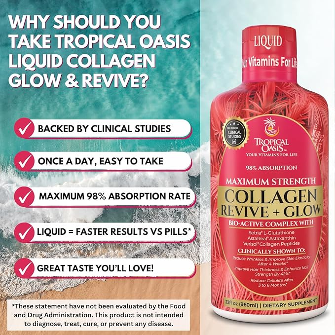 Liquid Collagen Glow for Women & Men | 5000mg VERISOL Collagen Peptides + 12500mcg Biotin | Clinically Tested for Thicker Hair, Brighter Skin, Wrinkles & Stronger Nails | 32 Serv