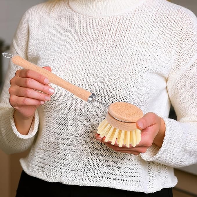10 Pack Fiber Bristle 2-Inch All-Purpose Kitchen Dish Scrub Brush with Beechwood Handle - Dish Brush with Hooked Handle for Pots, Pans, and Kitchen Utensils - Made in Germany