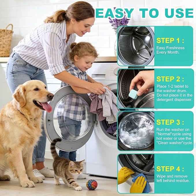 edoia Washing Machine Cleaner Tablets, 30 Pack Deep Cleaning Pods for Front & Top Loader, Natural Formulared for Pet Owners, Heavy Duty, Septic Safe, Over 12 Month Supply, 15G, Blue