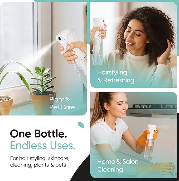 Aquableu Spray Bottle for Hair – Continuous Mist Spray Bottle for Hair Care, Styling, Cleaning, Plants, Pets & Essential Oils (Clear, 10oz)