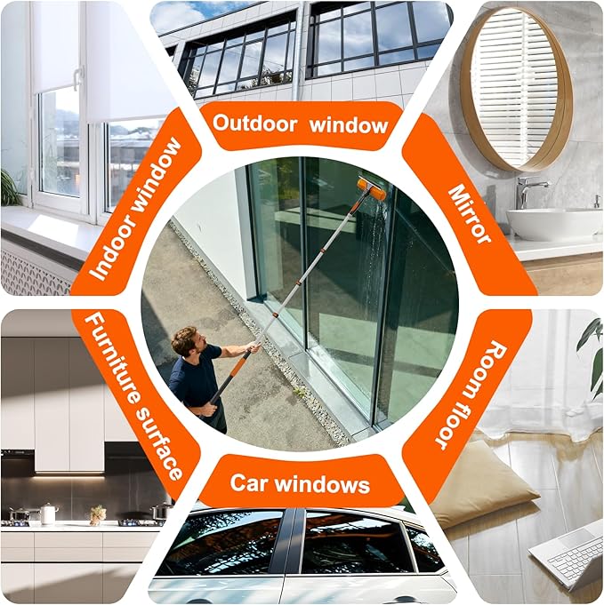 SISUPASSIE 30FT Reach Window Squeegee with Extension Pole, 2-in-1 Professional Window Washing Kit for Home, Indoor Outdoor Squeegee with Rotatable Head for High Windows