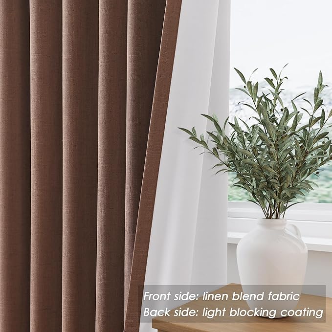 Nanspring Caramel Brown Linen Blackout Curtains 84 Inches for Bedroom Modern Farmhouse Living Room Draperies Cream Colored Thermal Insulated Full Shading Curtains for Sliding Door 52x84