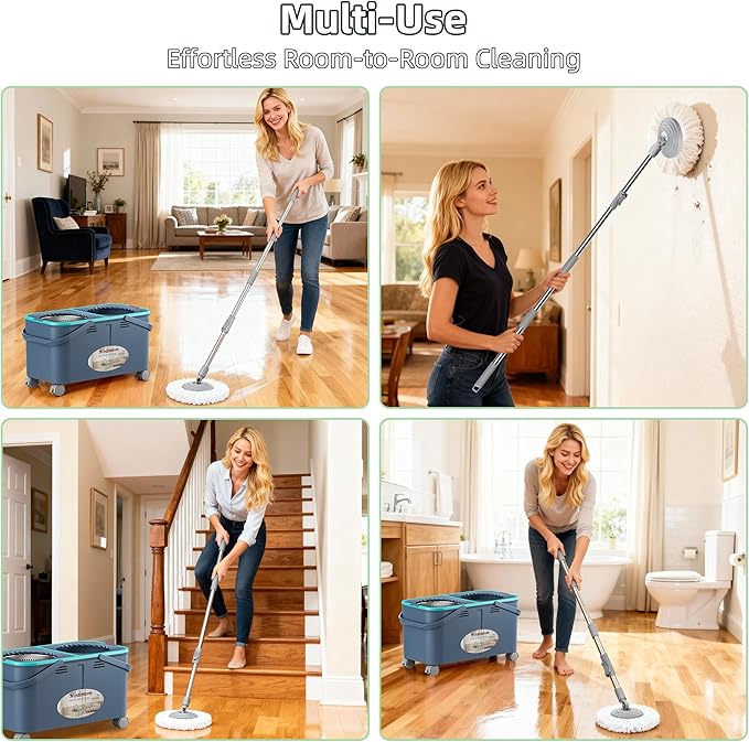 2026 Upgraded Gen 2 Spin Mop and Bucket Set with 4 Swivel Wheels for Easy Rolling, Separates Clean & Dirty Water, Floor Mop with 6 Washable Mop Heads for Wood, Tile, Vinyl, Baseboards - Grey/Blue