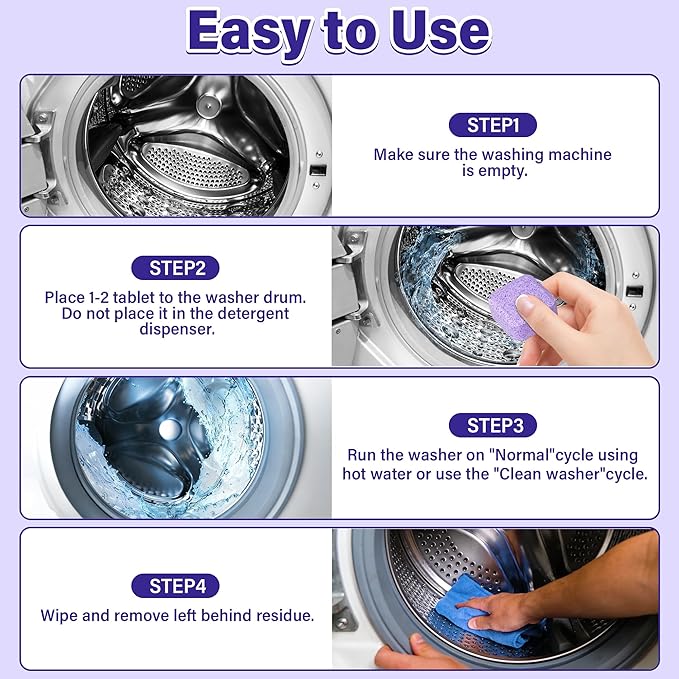 edoia 30 Pack Washing Machine Cleaner Tablets, Deep Cleaning for HE, Front&Top Loader Washer, Natural Fresh Formulared for Pet Owners, Heavy Duty, Septic Safe (Over 12 Month Supply), 15G, Purple