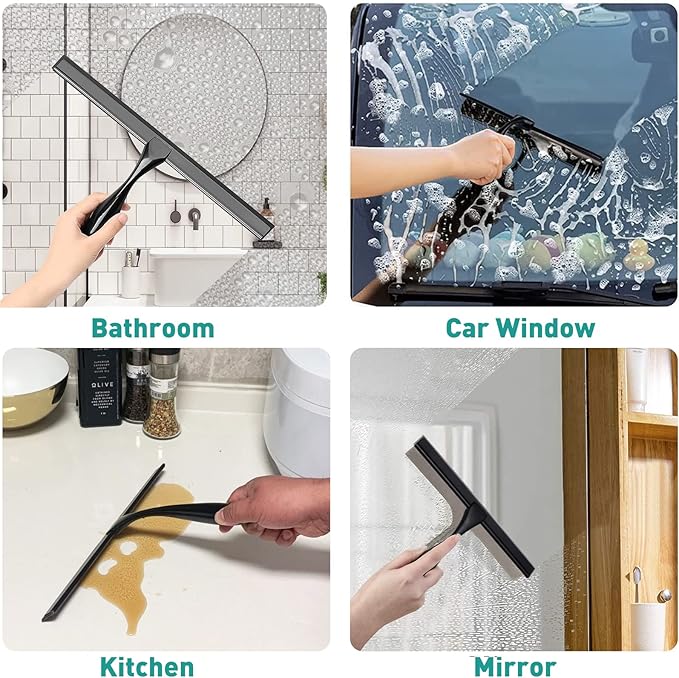 steauty Shower Squeegee for Glass Doors,14-Inch Shower Glass Squeegee, Matte Black Shower Squeegee for Shower Doors,Mirror,Windows, with Shower Door Hook and Adhesive Hook