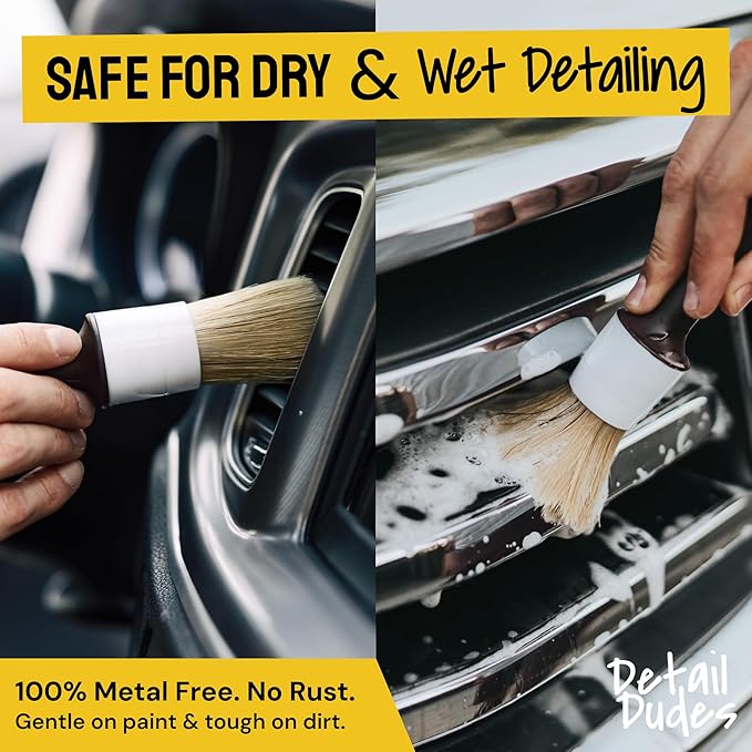 Detail Dudes Boar Hair Detailing Brush Set - 9-Pack - Includes Wheel, Tire Brush & Tire Dressing Applicator - Soft Boar Hair Bristles - Scratch-Free Car Wash - Crevice Tools for Vents & Emblems