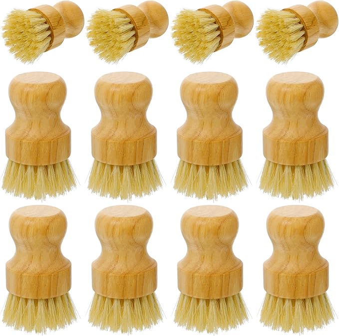 12 Pcs Bamboo Dish Scrub Brushes with Natural Sisal Bristles for Cleaning Pots, Pans, Dishes, Sink, 3.14x2.17 Inches