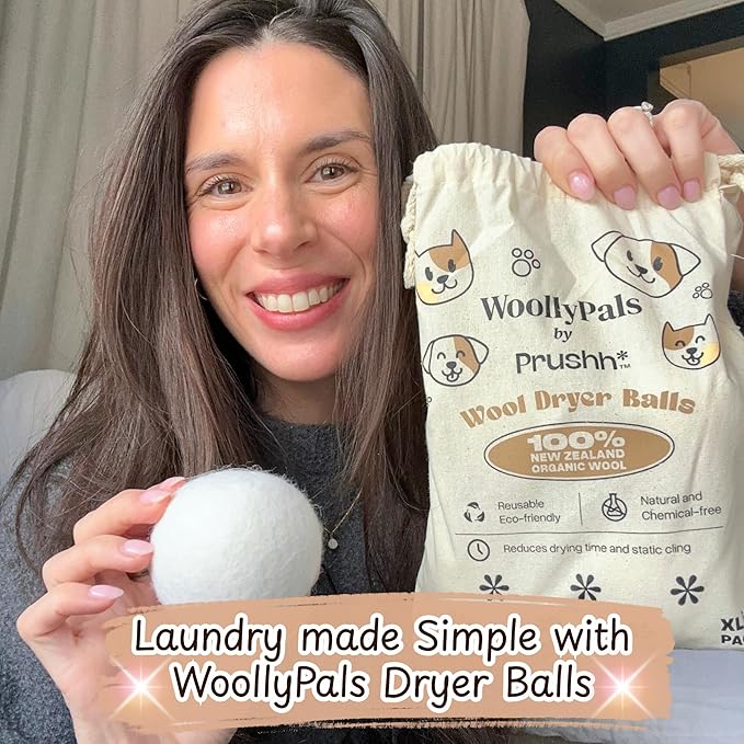 WoollyPals Dryer Balls (6-Pack, XL Size) - 100% New Zealand Wool - No More Dryer Sheets - Eco Dryer Balls - Reusable - Softens Laundry - Reduces Drying Time & Static - with Storage Bag (Plain White)