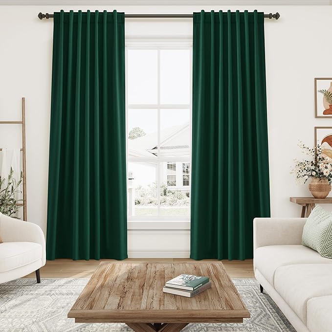 Nanspring Linen Texture Blackout Curtains 84 Inches Length 2 Panels Set Thermal Insulated Bedroom Drapes with Back Tab 100% Room Darkening Neutral Rustic Farmhouse Curtains in Dark Green 52X84