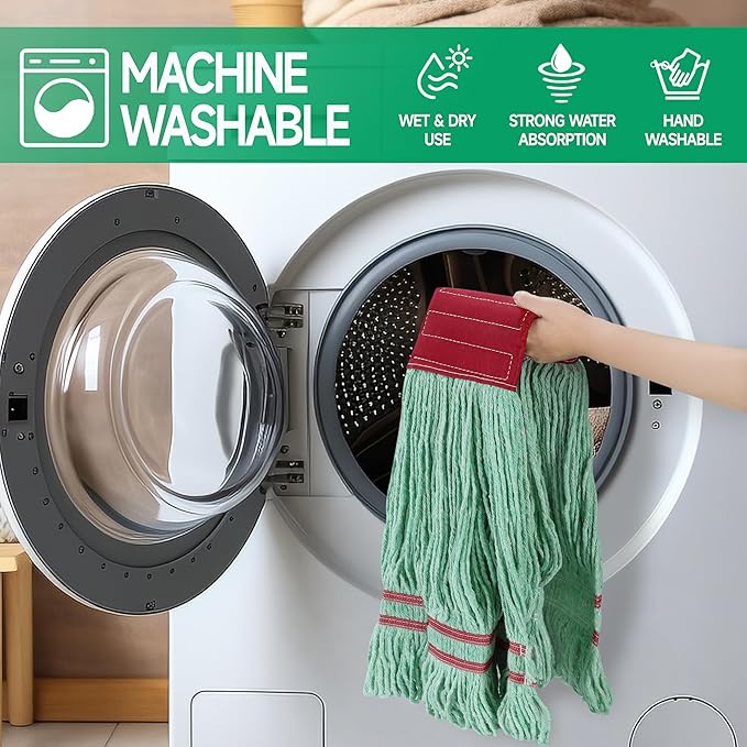 ONESIMUS 30 oz Pack of 12 Cleaning Heavy Duty Industrial Commercial Grade Looped-End Mop Head Replacement,6'' Headband Cotton String Wet Mop Head Refills,Machine Washable Green Mop