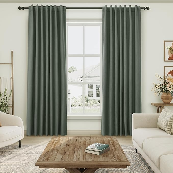 Nanspring Olive Green Linen Blackout Curtains 72 inch Length for Living Room Boho Farmhouse Back Tab Rod Pocket Thermal Insulated Textured Living Room Blackout Curtains 2 Panels Set 52x72 Inch