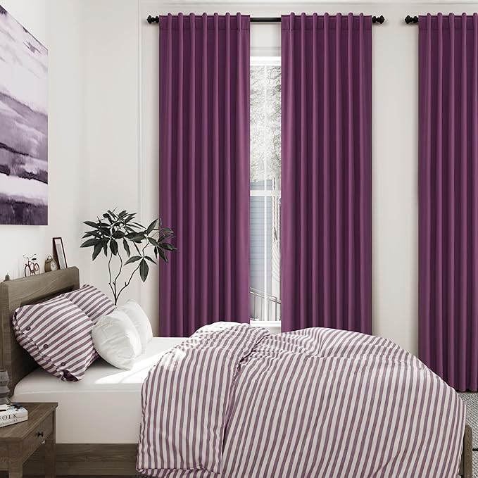 Nanspring Purple Linen Blackout Curtains 84 Inches Long Back Tab Burlap Flax Bedroom Blackout Curtains 2 Panel Sets Rustic Farmhouse Full Light Blocking Thermal Insulated Curtain 84 Inch Length