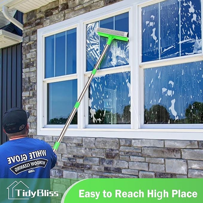 TidyBliss Window Squeegee Professional, 56” Car Windshield Glass Cleaner Tool with Extension Pole, Long Handle Household 10 inches Washer Sponge Scrubber Kit for Cleaning Home Mirror Outdoor (Green)