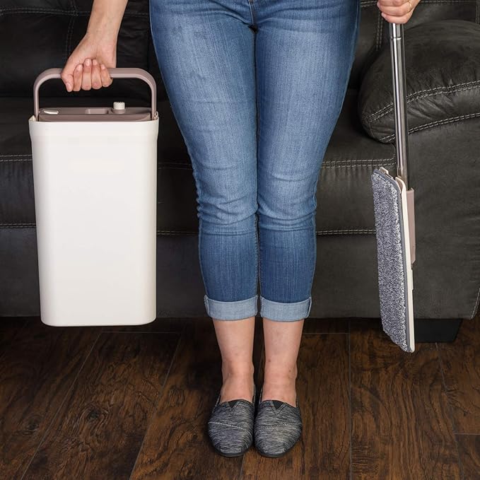 JFB Home Products Micro Flat Mop & Bucket System, Hands-Free Wringing Floor Cleaning, 3 Washable & Reusable Microfiber Pads, Wet or Dry Usage on Wood, Marble, Tile, Laminate, Ceramic and Vinyl Floors