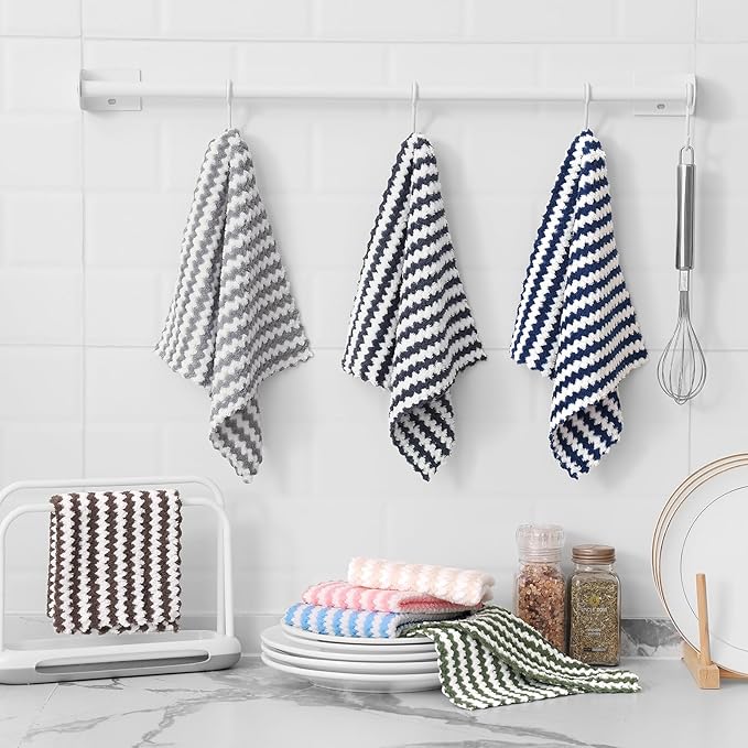 Homaxy 12 Pack Kitchen Dish Cloths, Ultra Soft and Absorbent Dish Towels, Reusable Fast Drying Microfiber Cleaning Cloth, Coral Velvet Wave Design No-lint, 10 x 10 inches, Blue