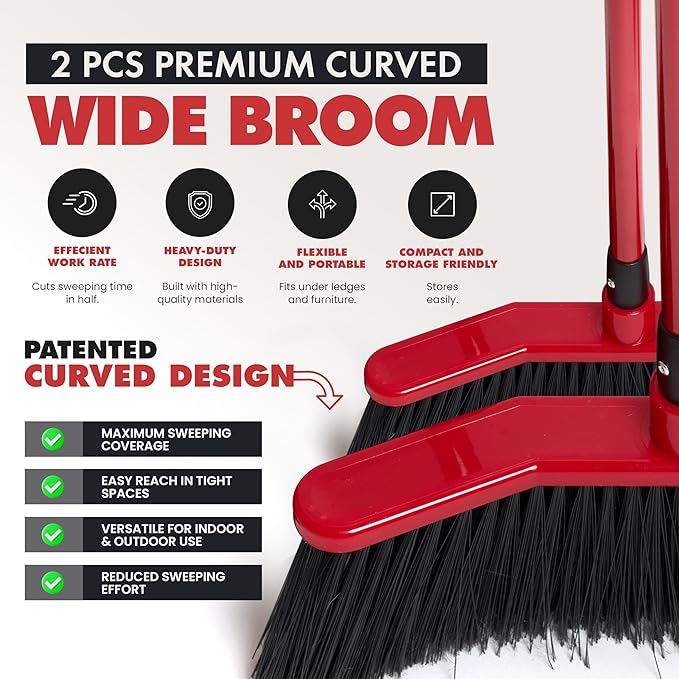 Da Vinci Curved Angle Broom & Dustpan Combo Pack (2) - Heavy Duty Broom for Indoor/Outdoor Sweeping, Steel Telescopic Handle, Durable PVC Bristles, Ideal for Pet Hair, Dust, Kitchen & Rough Surfaces