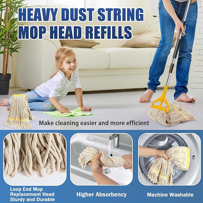 2 Pack 20ozCommercial Mop Heavy Duty Industril Cotton Mop, Cotton Commerical Industrial Grade Mop Replacements Heads for Home,mops for Floor Cleaning Heavy Duty,with 63'' Stainless Steel Mop Handle