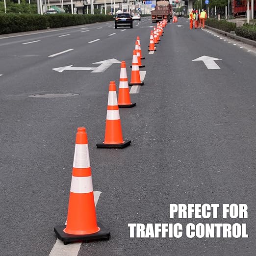Fluorescent Orange PVC Traffic Cones, Heavy-Duty Black Base Garage Parking Lot Cones Structurally Stable Weatherproof Road Construction Safety Cones (8, Orange, 28" Large)