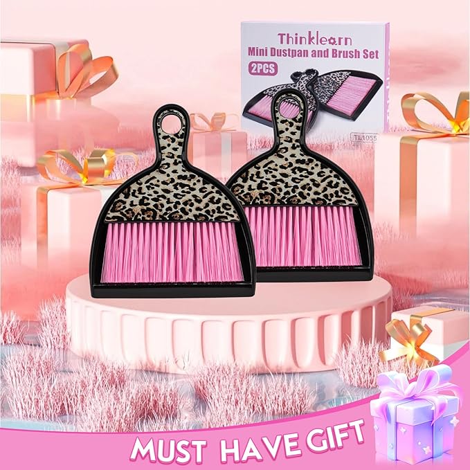 THINKLEARN 2PCS Mini Dustpan and Brush Set, Small Broom and Dustpan Set with Pink Leopard Print Design, Hand Broom Whisk Broom and Dust Pan for Cleaning Desk, Home, Cars, Pets, Kids