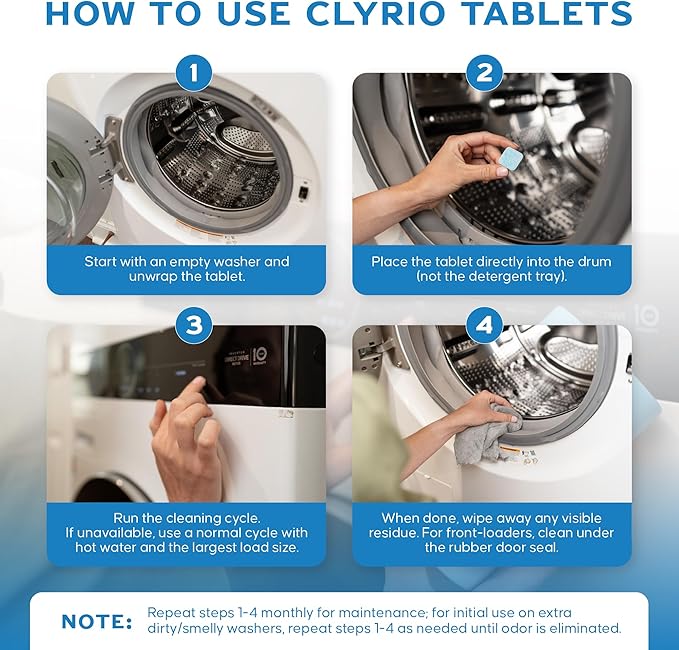 Clyrio Washing Machine Cleaner Tablets - Concentrated, Multi Purpose, Septic Safe - 24 Tablets