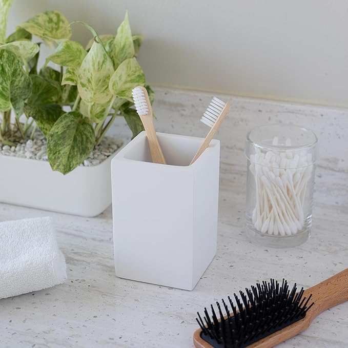 Yew Design Matte White Toothbrush and Toothpaste Holder for Bathroom Vanity and Countertop, Square Organizer for Electric Toothbrushes, Floss, Razors, Cotton, and Mouthwash