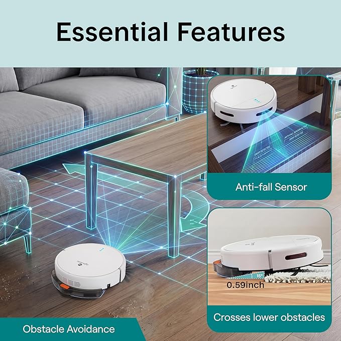 SereneLife Smart Robot Vacuum Cleaner and Mop Combo, App Control, 3 Cleaning Modes, Anti-Fall Sensors, Self-Charging, High Suction Ideal for Pet Hair, Carpet and Hard Floors, White