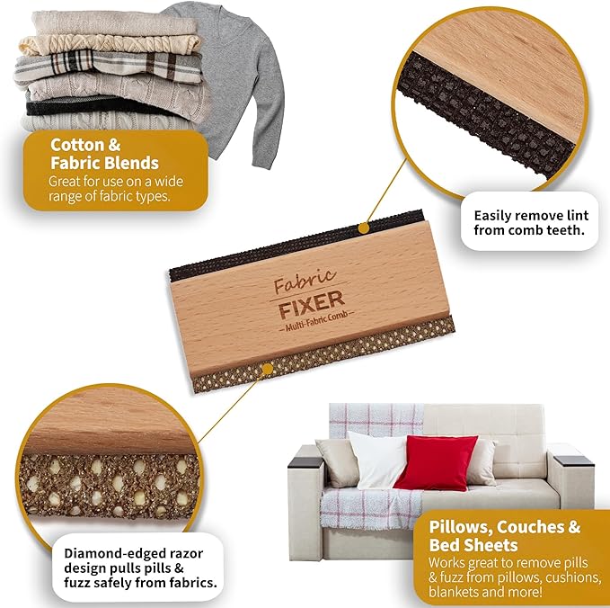 Multi-Fabric Sweater Comb with Natural Cedar Wood Handle (Double Edge Design) Manual Fabric Defuzzer Wool Lint Shaver Comb Scraper for Clothing Pills, Furniture, Sheets and Fabrics