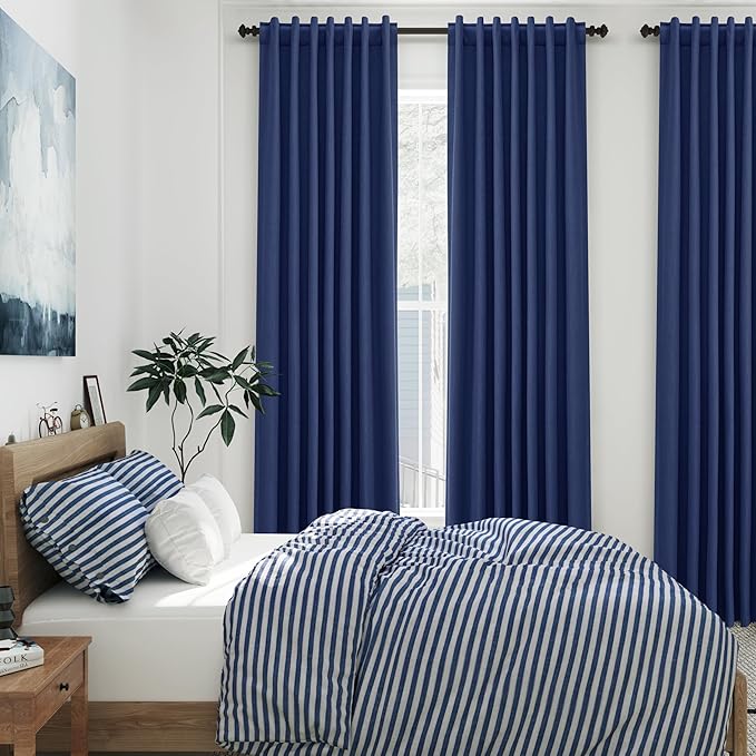Nanspring 100% Blackout Curtains 2 Panels Set Classic Blue Window Curtains 102 Inches Long Cotton Textured Linen Thermal Insulated Noise Reducing Flax Linen Drapes for Living Room and Nursery 52x102