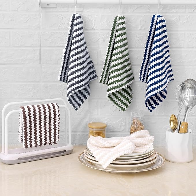 Homaxy 24 Pack Kitchen Dish Cloths, Ultra Soft and Absorbent Dish Towels, Reusable Fast Drying Microfiber Cleaning Cloth, Coral Velvet Wave Design No-lint, 10 x 10 inches, Dark Grey