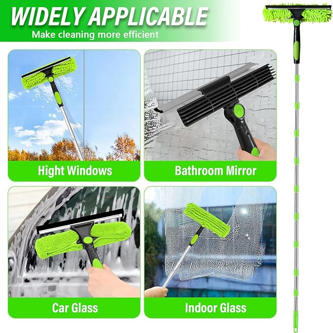 RIZENCE 4.5M/14.7ft Window Cleaning Squeegee Tools, 3-in-1 Window Washing Kit with 10 Extension Pole, 2 Microfiber Cloth Brush & Squeegee, Telescopic Window Cleaner Tool for High Window, Car Glass
