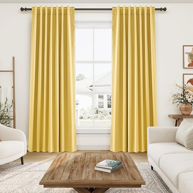 Nanspring Gold Yellow Linen Blackout Curtains 84 Inches Long Back Tab Rod Pocket Thermal Insulated Full Light Black Out 2 Panels Set for Living Room Elegant Modern Curtains Drapes 52x84