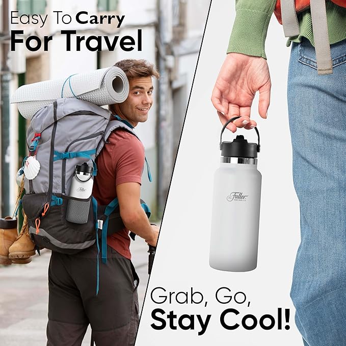 Fuller Stainless Steel Water Bottle with Straw Lid – BPA-Free, Sweat-Proof, Leak-Proof Travel Mug – Double Wall Insulated for Hot & Cold Drinks – Carry Handle (White, 32 Oz.)