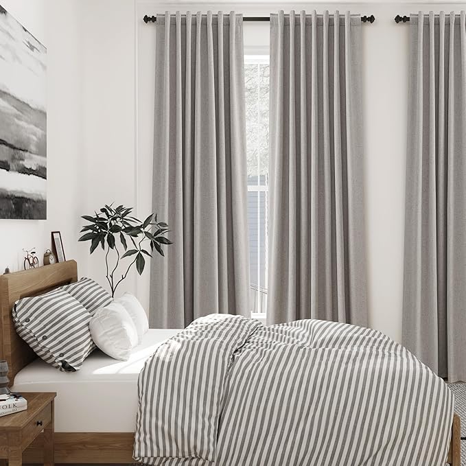 Silver Linen Curtains for Bedroom Black Out 96 Inch Long Full Blackout Back Tab Rod Pocket Curtains for Living Room Neutral Rustic Style Insulated Light Blocking Drapes 96 Inches Long 2 Panels 8 Ft