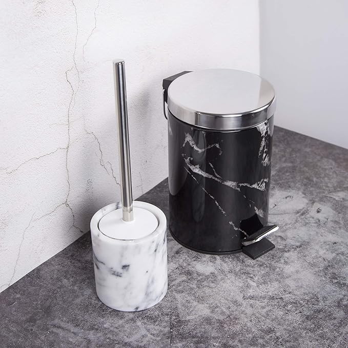 Creative Home Natural Marble Toilet Ball Brush and Holder Set with Silicone Cover Compact Storage Scrubbing Brush for Bathroom Cleaning, 4.3" Diam. x 14.5" H, Off-White